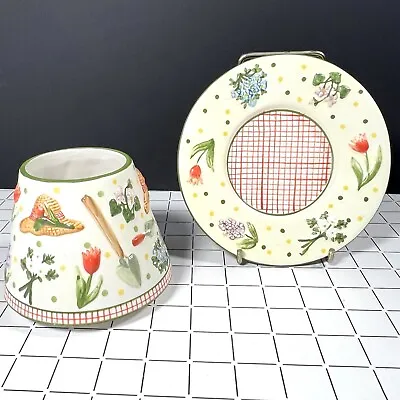 Yankee Candle Spring Garden Flowers Tools Ceramic Shade & Tray Jar Topper Plate • £18