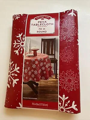 Peva Tablecloth Christmas Snowflakes Red Vinyl 70” Round • $7.19