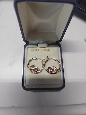 Vintage 14K Solid Rose & Yellow Gold Hoop Pierced Earrings 1.01 Grams Flower • $112.75