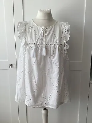 £2.99 • Buy Immaculate M&S Size 16 White Cotton Embroidery Anglaise Front Tassell Tie Top