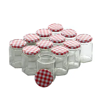 £14.95 • Buy New Jam Jars 250ml Wide Mouth Glass Preserve Pots Gingham Red Lids Modern Zeno