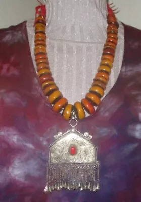 Vintage Moroccan Berber  Copal Amber Beads With  Large Pendant Tribal Necklace • $88