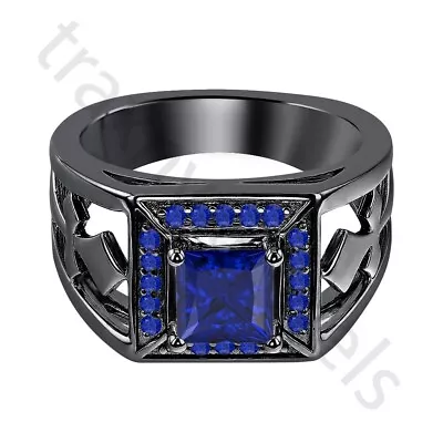 2.10 Ctw Created Blue Sapphire 14K Black Gold Over Cross Engagement Men's Ring • $139.61