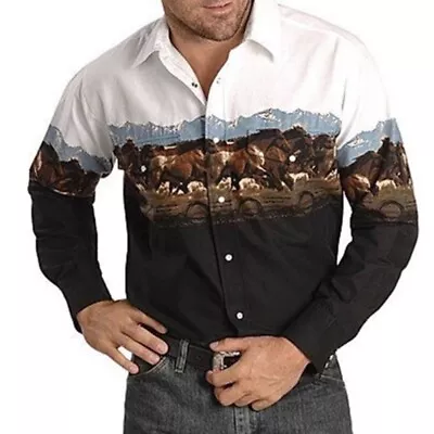 Mens Long Sleeve Shirts-Western Tribal Ethnic Vintage Retro Button Outwear-Tops • $20.63