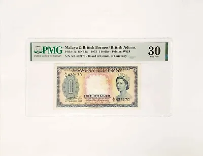 PMG 30 VERY  FINE 1953 MALAYA & BRITISH BORNEO 1 Dollar P#1a • $179.99
