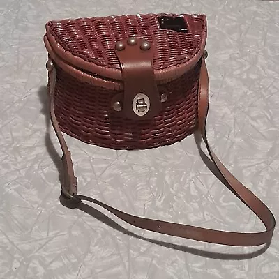 Vintage Fishing Creel Brown Wicker Basket Leather Trim W/ Strap Cabin Decor • $12