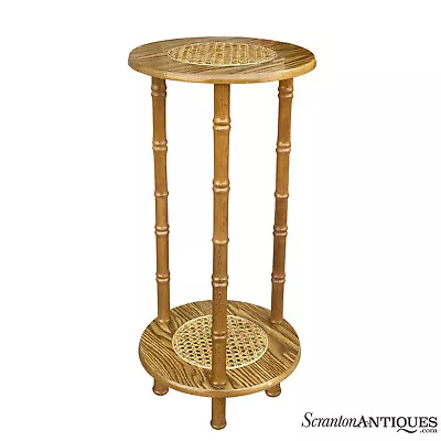 Vintage Boho Oak Bamboo Round Plant Stand Pedestal Table W/ Natural Cane Top • $280