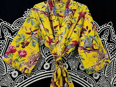 $34.03 • Buy Indian Cotton Yellow Bird Printed Cotton Kimono Robes Night Gown Bridal Robes AU