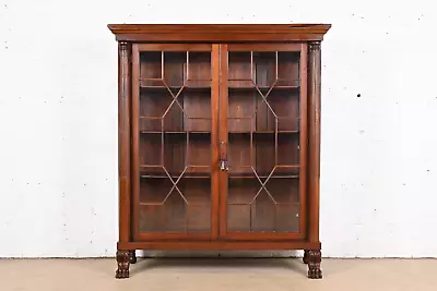 Antique American Empire Carved Mahogany Bookcase In The Manner Of R. J. Horner • $3595