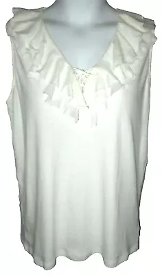 CHAPS Blouse Size 1X Ivory Double Ruffle & Lace Up Neck Sleeveless • £5.34