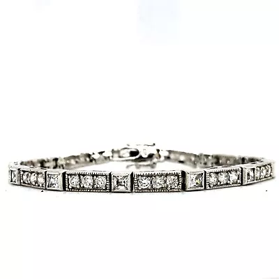 Vintage Sterling Silver Cubic Zircon Princess Cut Tennis Bracelet • $9.99