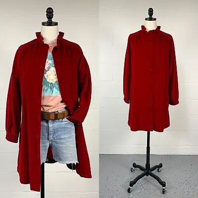 Vintage 70s Smocked Red Velour Duster Jacket Ruffled Neck Edwardian Cottage S • $49.99