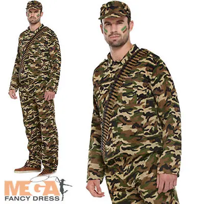 Army Man Mens Fancy Dress Military Soldier Camouflage Uniform Adults Costume • £16.99