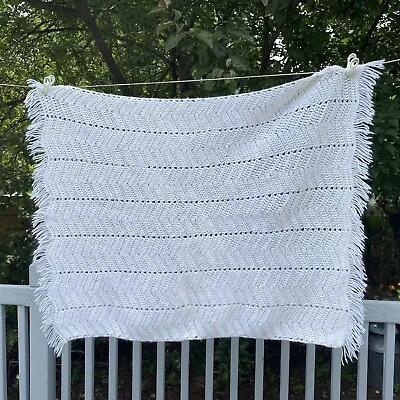 Vintage White Crochet Baby Afghan Ripple Pattern With Fringe • $24.99