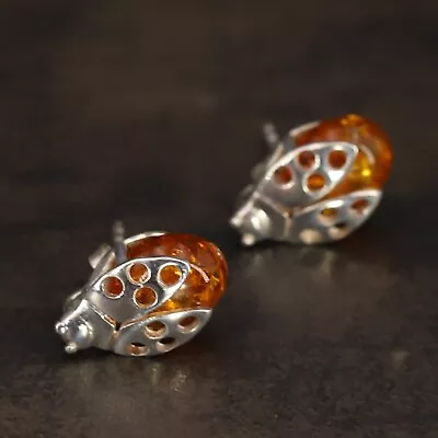 VTG Sterling Silver - POLAND Baltic Amber Ladybug Insect Post Earrings - 2.5g • $6.50