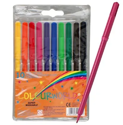 Colourworld Felt Tip Pens 10 PackSuper Washable Fibre Tip Colouring Art School  • £2.43