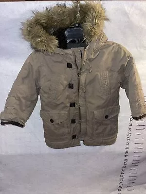 Baby Gap Tan Parka Winter Coat Fleece Lined Hood Faux Fur Trim Boys 4T 4 • $18