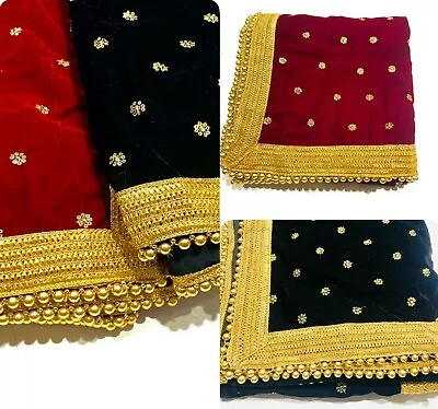 Fancy Velvet Shawl Embroidered Sequin Gold Border Pearl Lace Velvet Scarf • £19.99