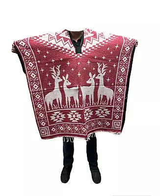 Mexican Poncho deer winter Sarape  Reversible  Gaban  Heavy Poncho   Red • $38