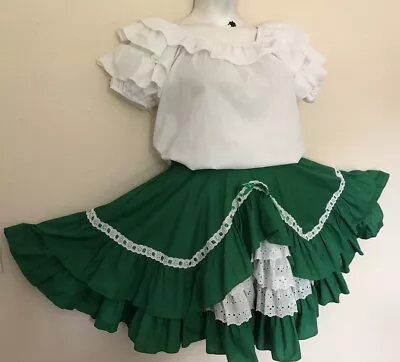 Vtg Square Dancing Outfit Full Circle Skirt Top Size Small Green Eyelet Lace • $39.99