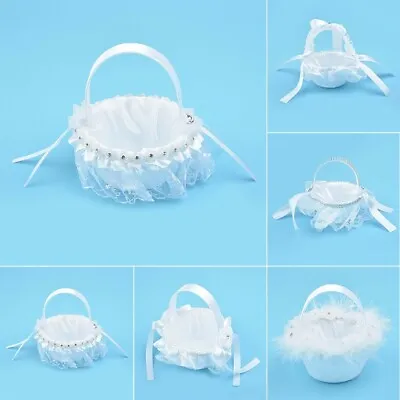 £6.89 • Buy White Bowknot Satin Flower Confetti Girl Basket For Banquet Engagement Wedding