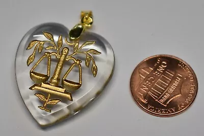 VINTAGE CLEAR GLASS ZODIAC ASTROLOGY HEART PENDANT INTAGLIO LIBRA 30mm • $5.99