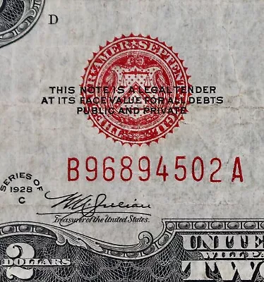 $2 1928C BA Block Legal Tender B96894502A Red Seal US Note Series C Two Dollar • $19.99