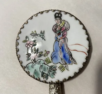 Vintage JAPANESE HAND MIRROR With JADE HANDLE Hand Painted Porcelain Top-round • $19.99