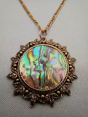 Vintage Abalone Pendant Necklace Antiqued Gold Tone Amber Rhinestones Figaro Chn • $24.99