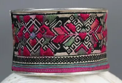 Tribal Exotic Chinese Minority People's Old Hand Embroidery Miao Silver Bracelet • $60