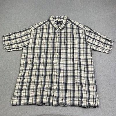 Tommy Hilfiger Shirt XL Blue Black Plaid Linen Blend Button Up Short Sleeve Mens • $24.89