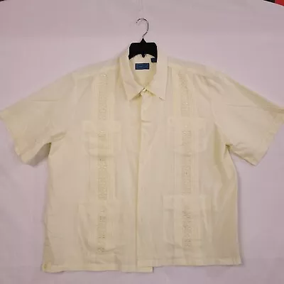 TropiCool Vintage Mens Embroidered Guayabera Cuban Short Sleeve  XL Yellow • $14.60