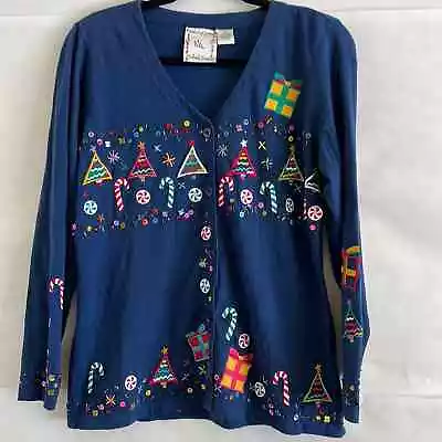 Michael Simon Lite Women’s Size S Blue Christmas Embroidered Beaded Cardigan • $35