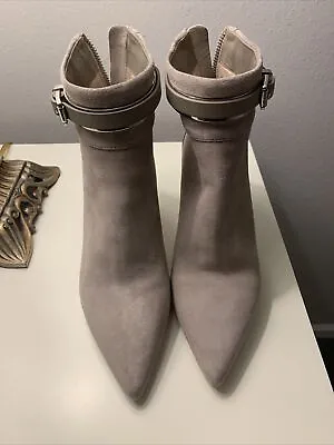 Michael Kors Gray Suede Heel Boot Metal Buckles Zipper Used Size 5.5 • $39.95