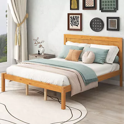 Queen Platform Bed Frame With Headboard Wood Slat No Box Spring Oak • $319