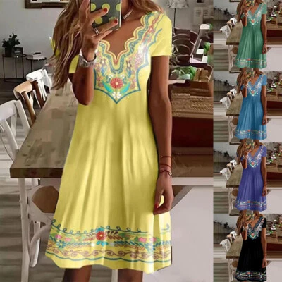 $13.55 • Buy Womens Boho Floral Midi Dress Holiday Beach Ladies V Neck Short Sleeve Sundress
