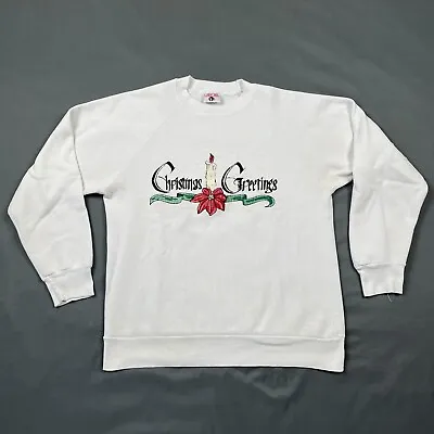 Vintage 90s Made In USA White Christmas Crewneck Sweatshirt Raglan Large • $29.99