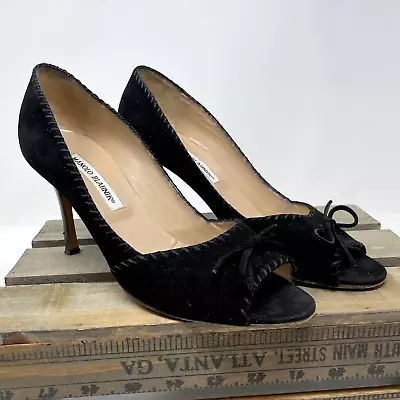 Manolo Blahnik Black Totema Whipstitched Suede Peep Toe Pumps Size 8.5 • $149