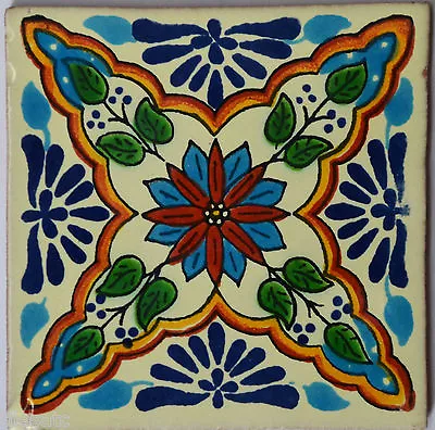 C327 - Mexican Handmade Talavera Clay Tile Folk Art 4x4   Handpainted • $1.79