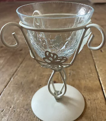 Cream Metal Shabby Chic Butterfly & Leaf Candle Holder Crackle Glass • £6.50