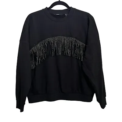 VERO MODA NWT Kaidyn Rhinestone Fringe Pullover Sweatshirt Sweater Black Sz XS • $24.99