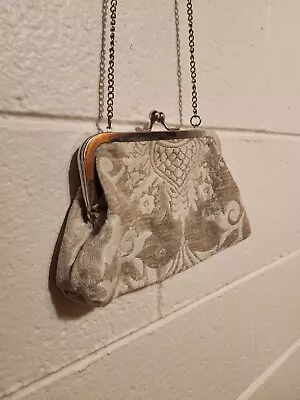 Cream Raised Velvet Damask Evening Bag Purse Metal Clasp Chain • $18