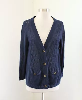 Wallace By Madewell Navy Blue Open Knit Linen Cardigan Sweater Size M Tie Back • $24.99