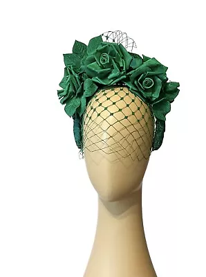 Kentucky Derby Fascinator Headband Emerald Green Hat Vintage Roses Veil Ribbon • $125