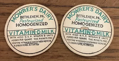 MOWRERS Dairy Pasteurized Homogenized Milk Bottle Caps BETHLEHEM PA Qty 2 • $4.99