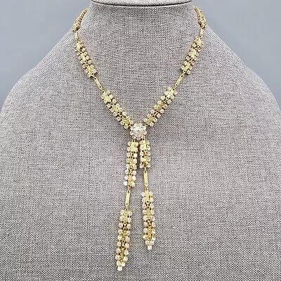 Vintage Rhinestone Lariat Necklace Gold Tone Flower Prong Set Crystal 18  • $39.99