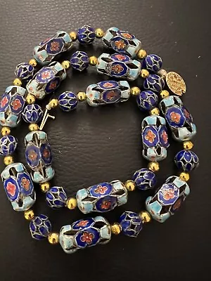 Vintage Chinese Cloisonné Enamel Reticulated Long Necklace Barrel & Round Bead • $60