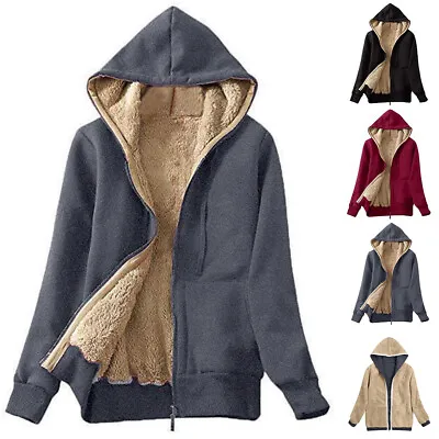 Womens Fur Lined Hoodie Jacket Coat Ladies Zip Up Winter Warm Fleece Sweatshirt • £13.91