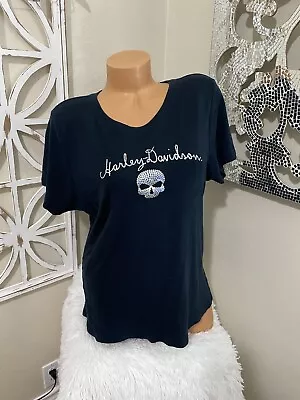 Harley Davidson 1x Sequin Skull Logo Front Short Sleeve Shirt • $3.25