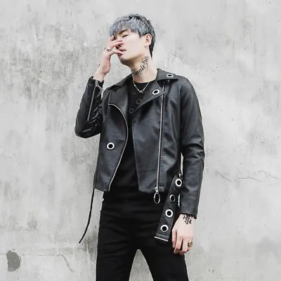 Occident Men Faux Leather Short Jacket Punk Gothic Zip Biker Loose Coat  Winter  • $46.99